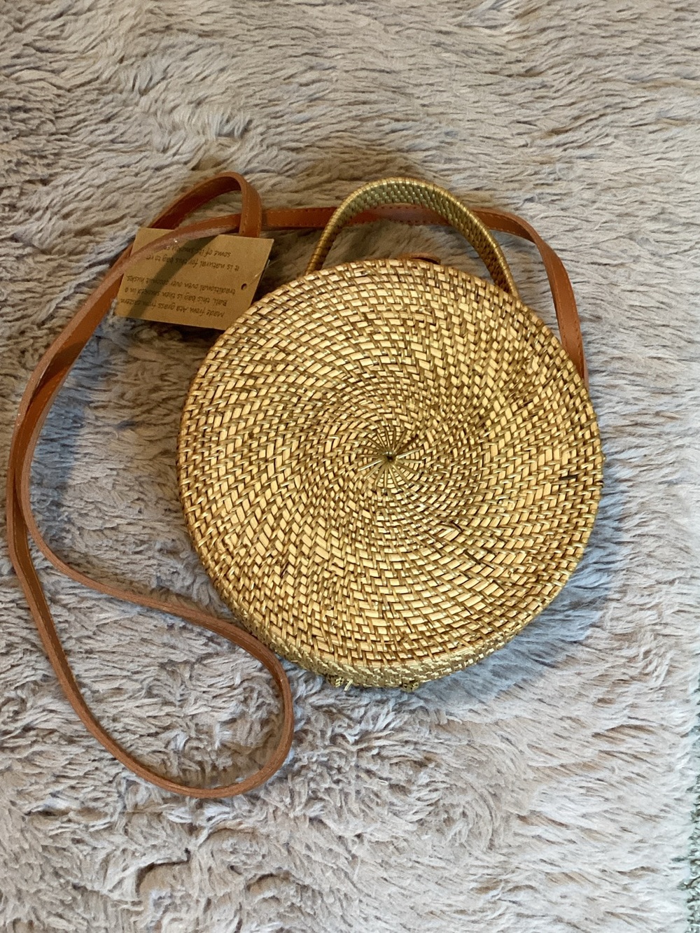 Crown Vintage Gold Woven Round Crossbody with Tan Strap
